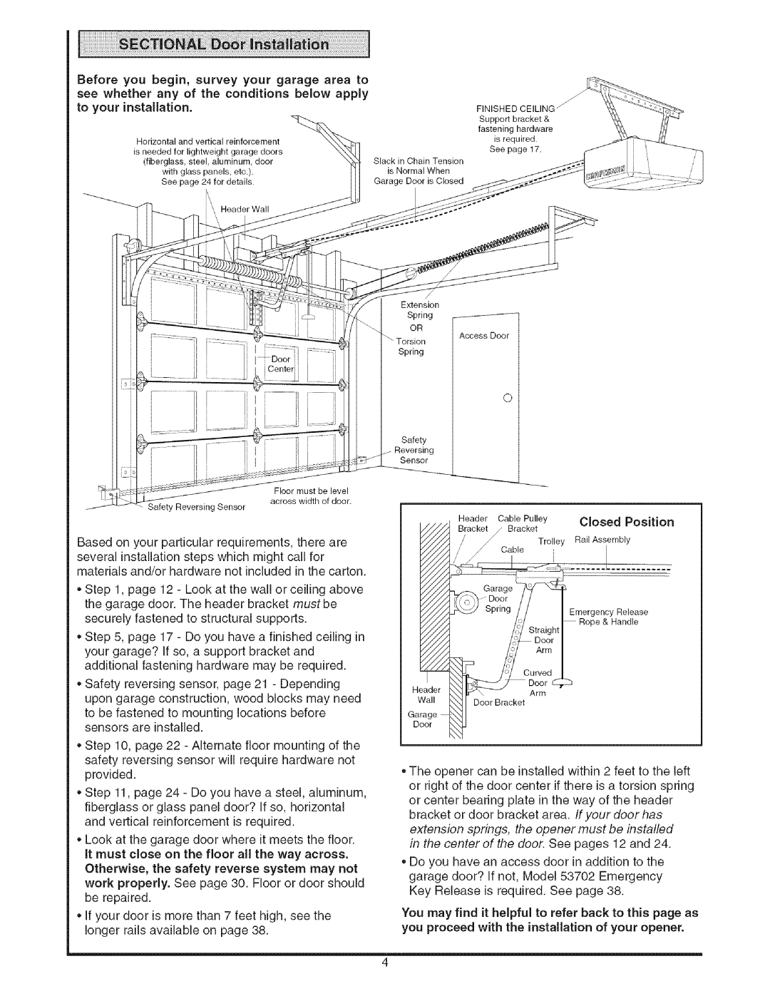 Sears 139.53535SRT1 operating instructions Cosed Position, Center of the door. See pages 12 