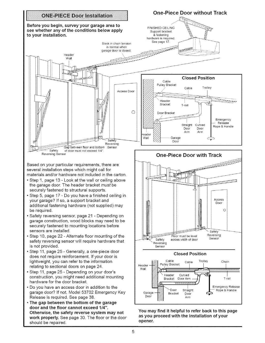 Sears 139.53535SRT1 operating instructions One=Piece Door with Track, Apply, To your installation 