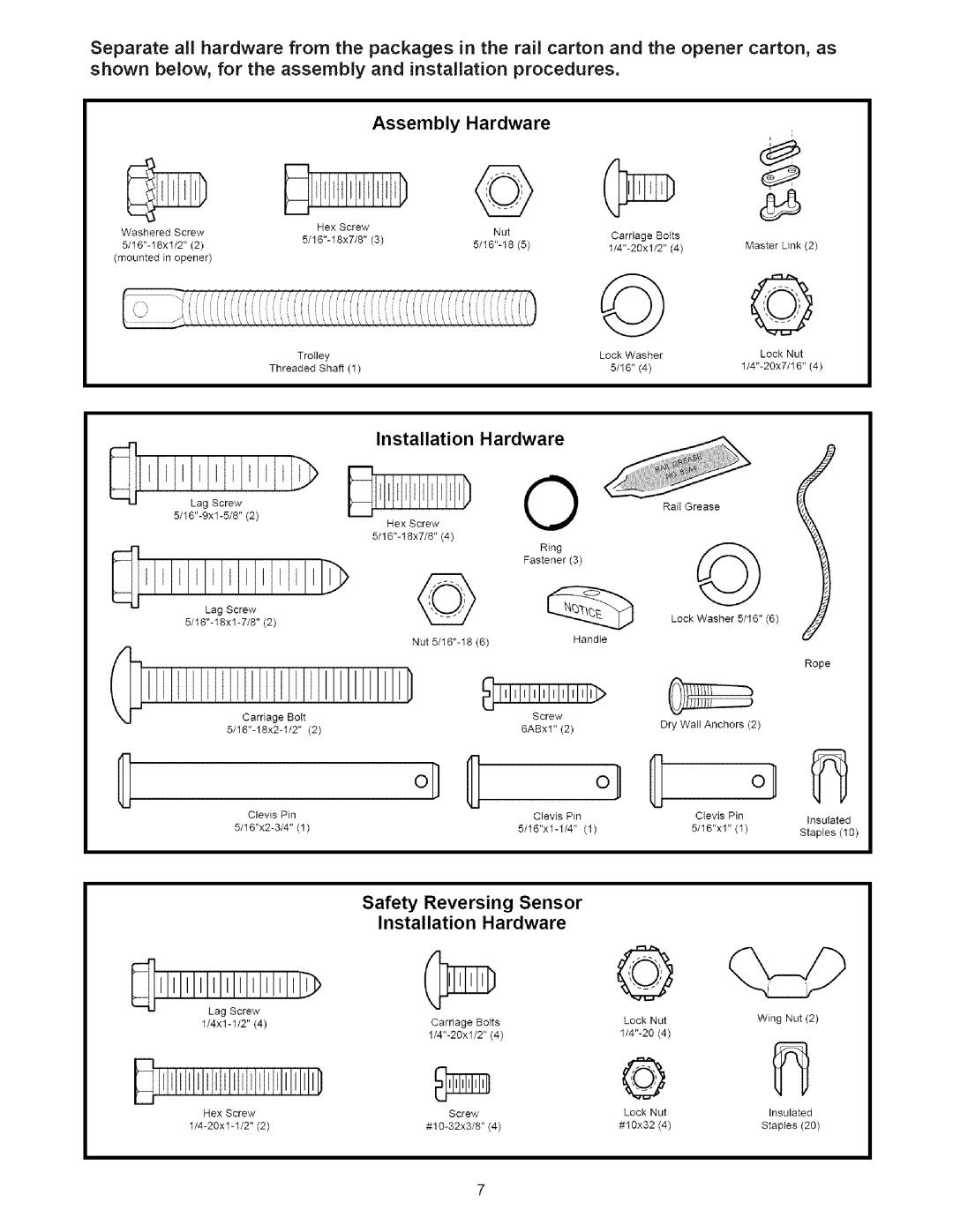 Sears 139.53535SRT1 Separate, Packages, Assembly, Installation Hardware, Safety Reversing Sensor Installation 