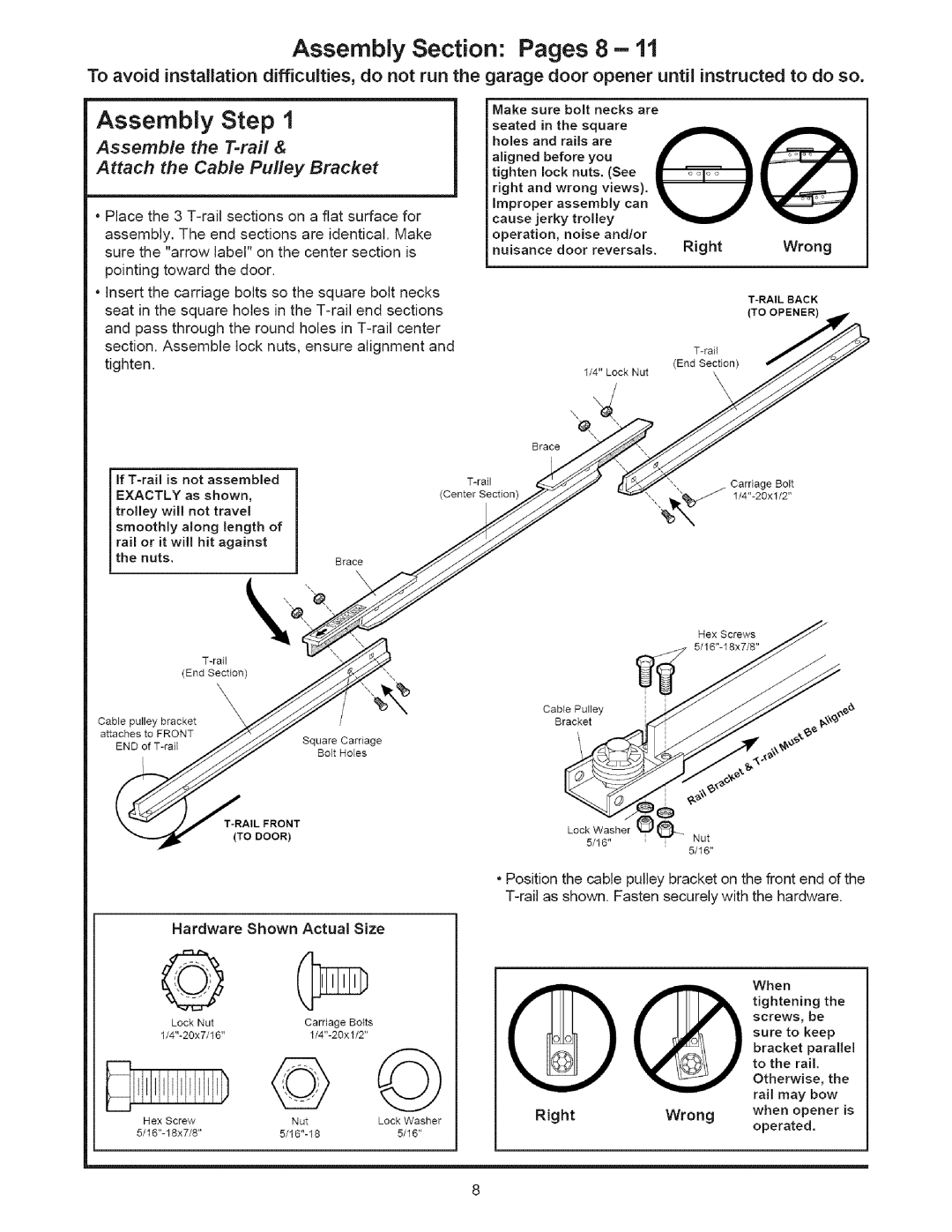 Sears 139.53535SRT1 operating instructions Assembly Section Pages 8, Assemble the T=rail Attach the Cable Pulley Bracket 