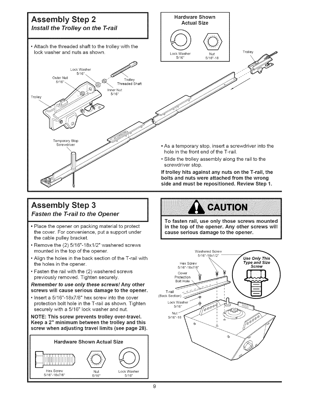 Sears 139.53535SRT1 Assembly Step, Install the Trolley on the T-rail, Fasten the T-rail to the Opener, Hardware Shown 