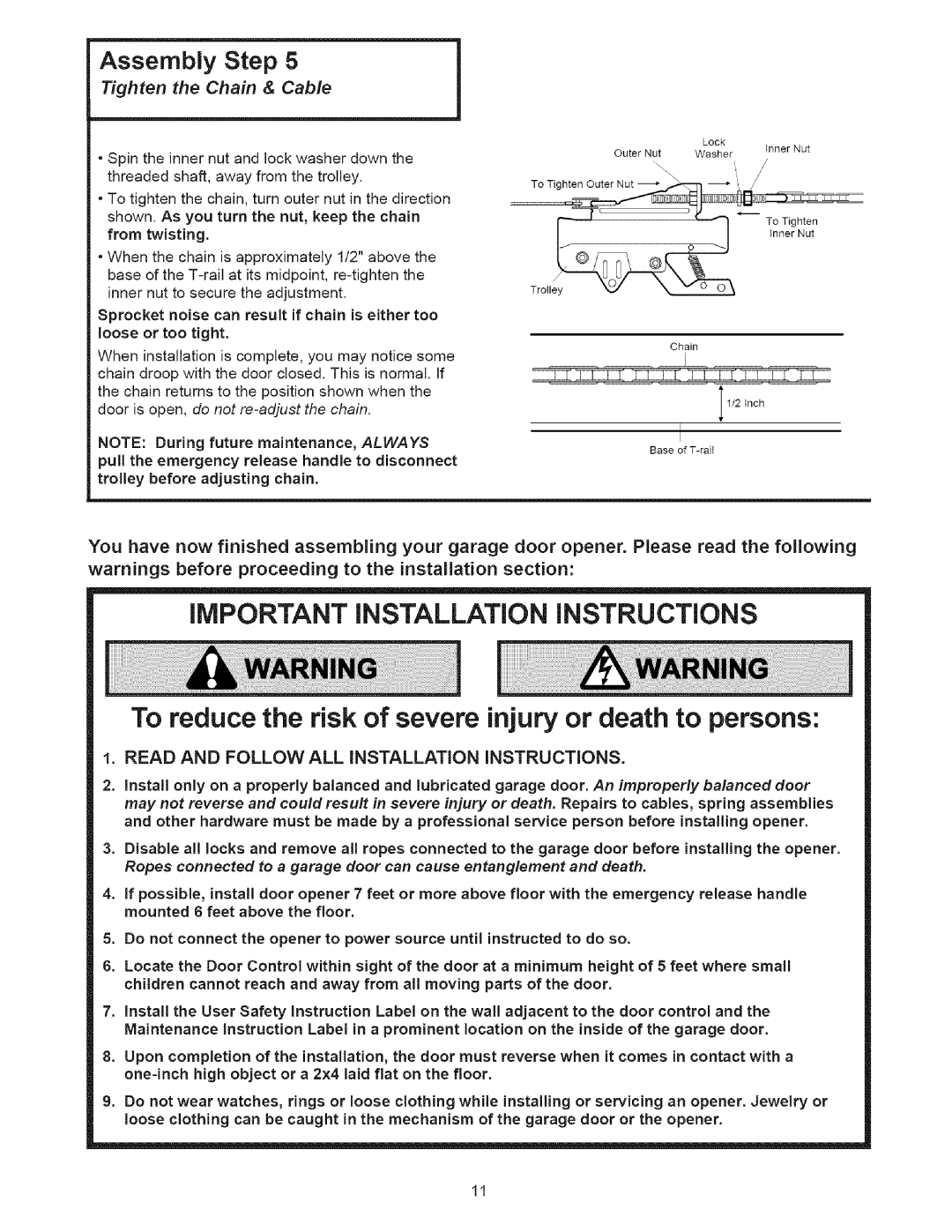 Sears 139.53535SRT1 Important Installation Instructions, To reduce the risk of severe injury or death to persons 