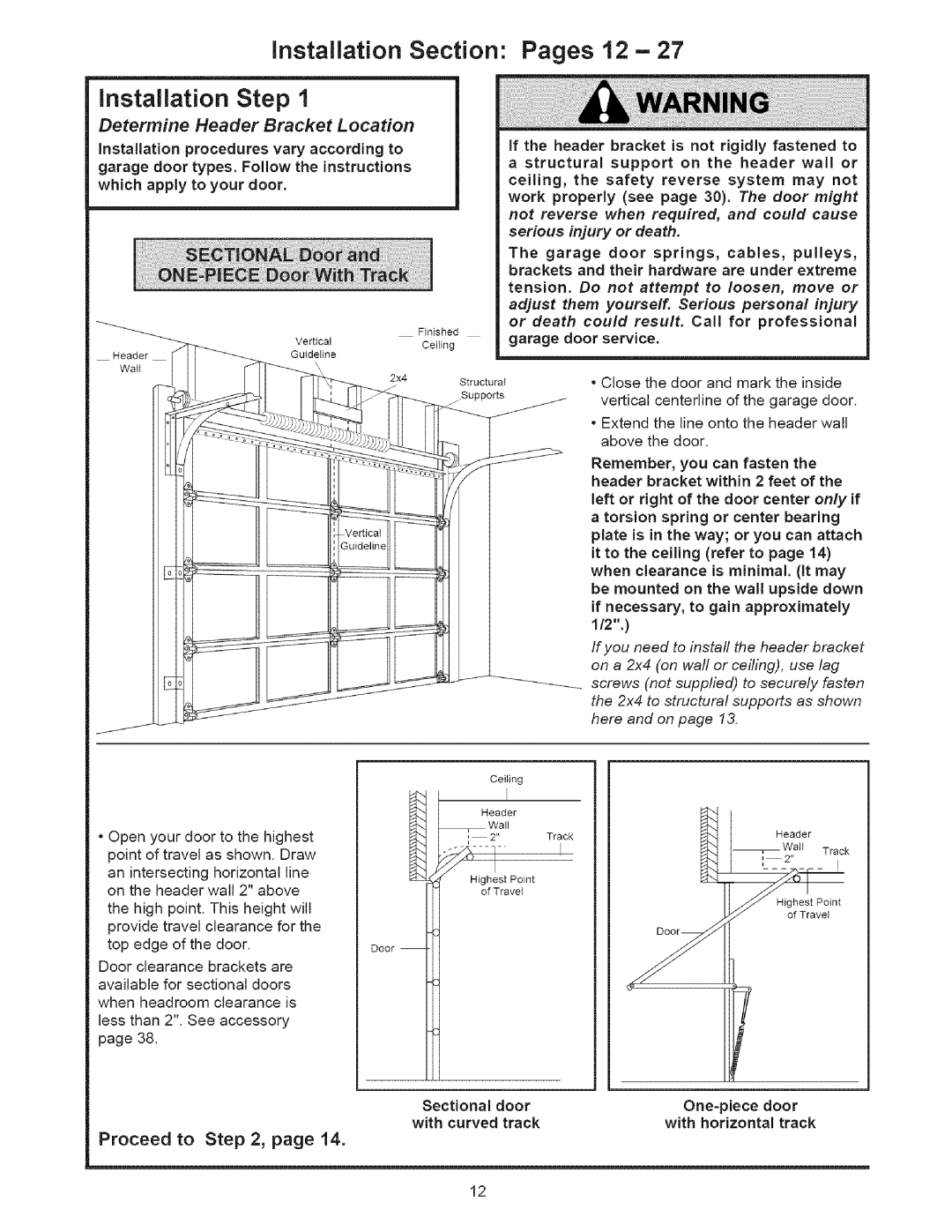 Sears 139.53535SRT1 installation Section Pages 12 installation Step, Determine Header Bracket Location, Proceed to , page 