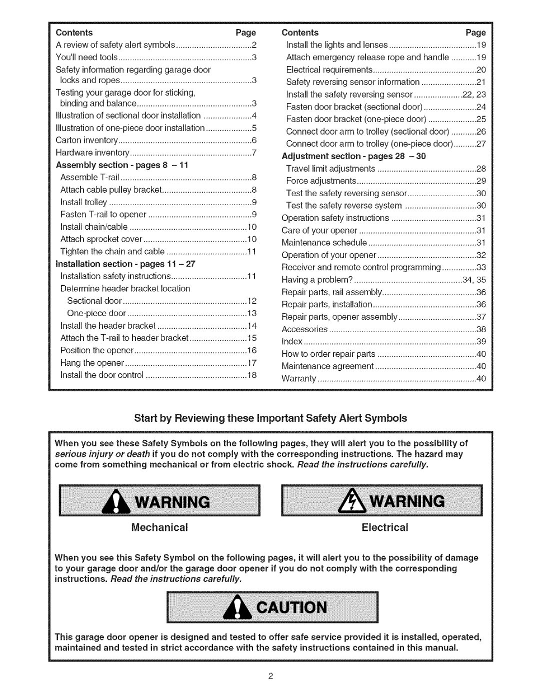 Sears 139.53535SRT1 Start by Reviewing these Important Safety Alert Symbols, MechanicalElectrical, installationsafety 