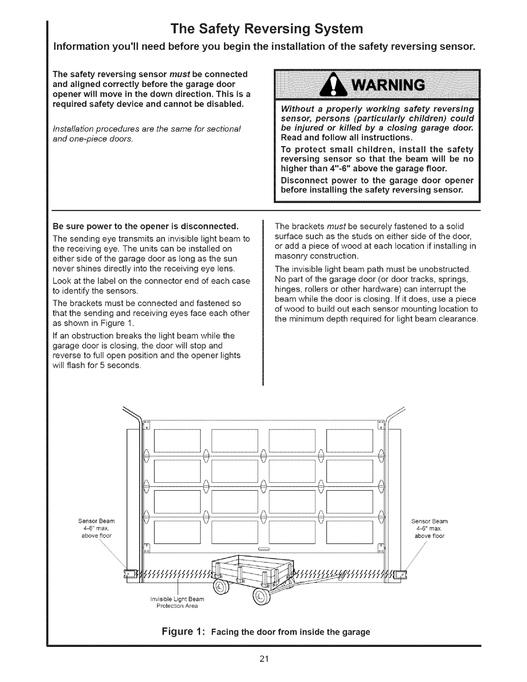 Sears 139.53535SRT1 operating instructions The Safety Reversing System, The safety reversing sensor must be connected 