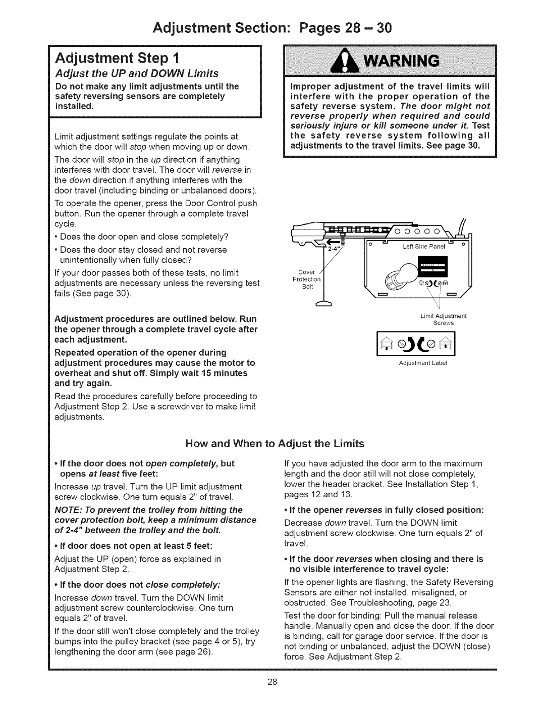 Sears 139.53535SRT1 operating instructions Adjustment Section Pages 28, Adjustment Step, Adjust the UP and DOWN Limits 