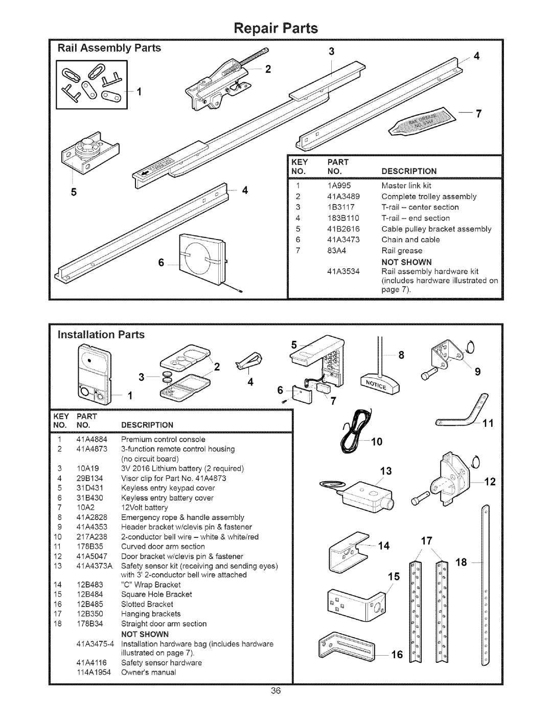 Sears 139.53535SRT1 operating instructions Repair Parts, Rail AssemblyParts, Installation Parts, 1418, Description 