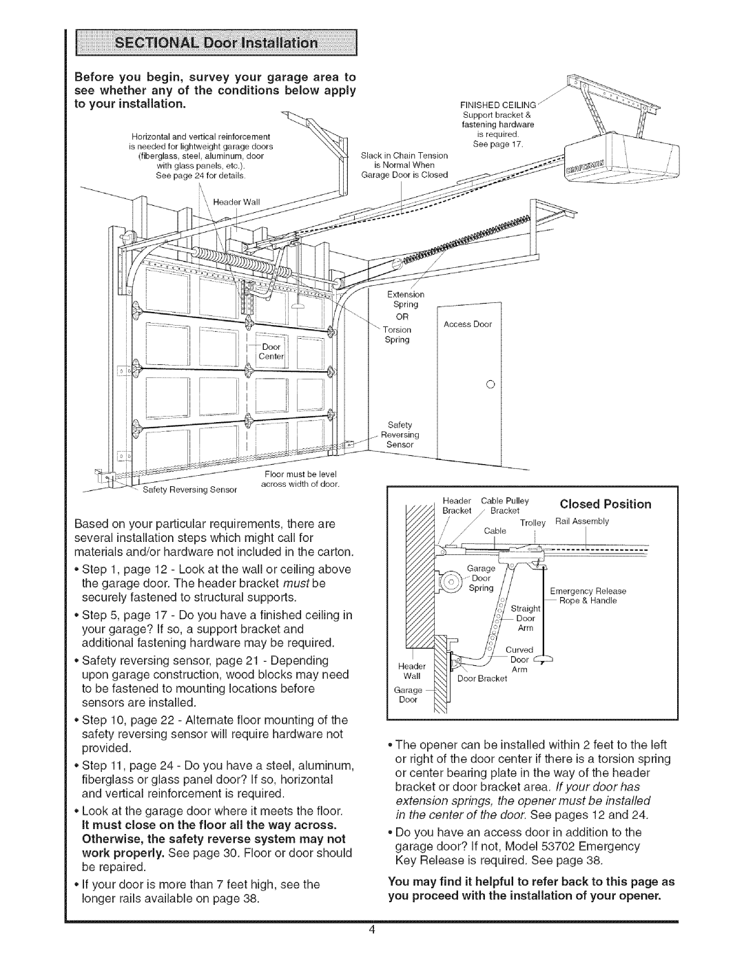 Sears 139.53535SRT1 operating instructions Doord, Cosed Position, in the center of the door. See pages 12 and 
