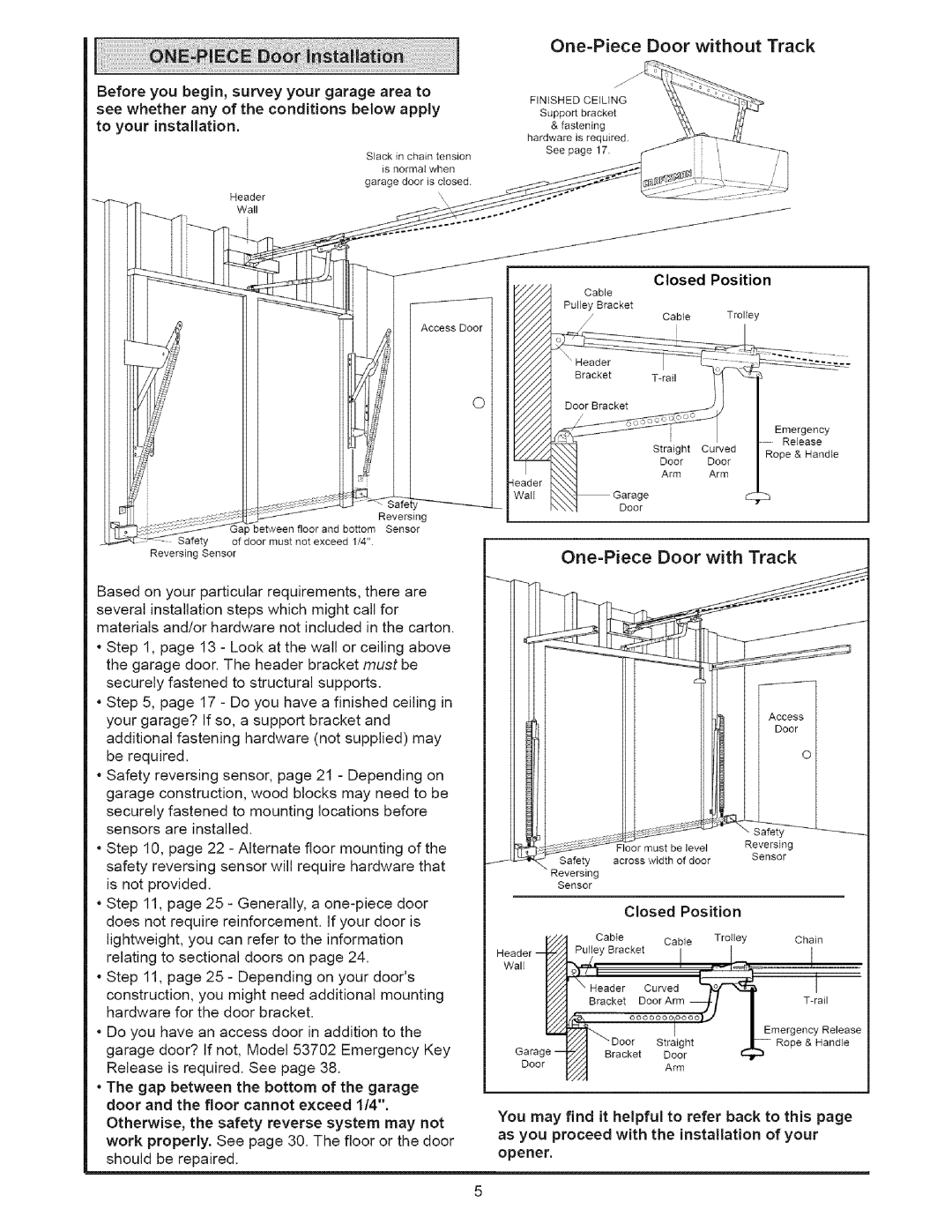 Sears 139.53535SRT1 operating instructions One=Piece Door with Track, apply, to your installation, HeaderCorved 