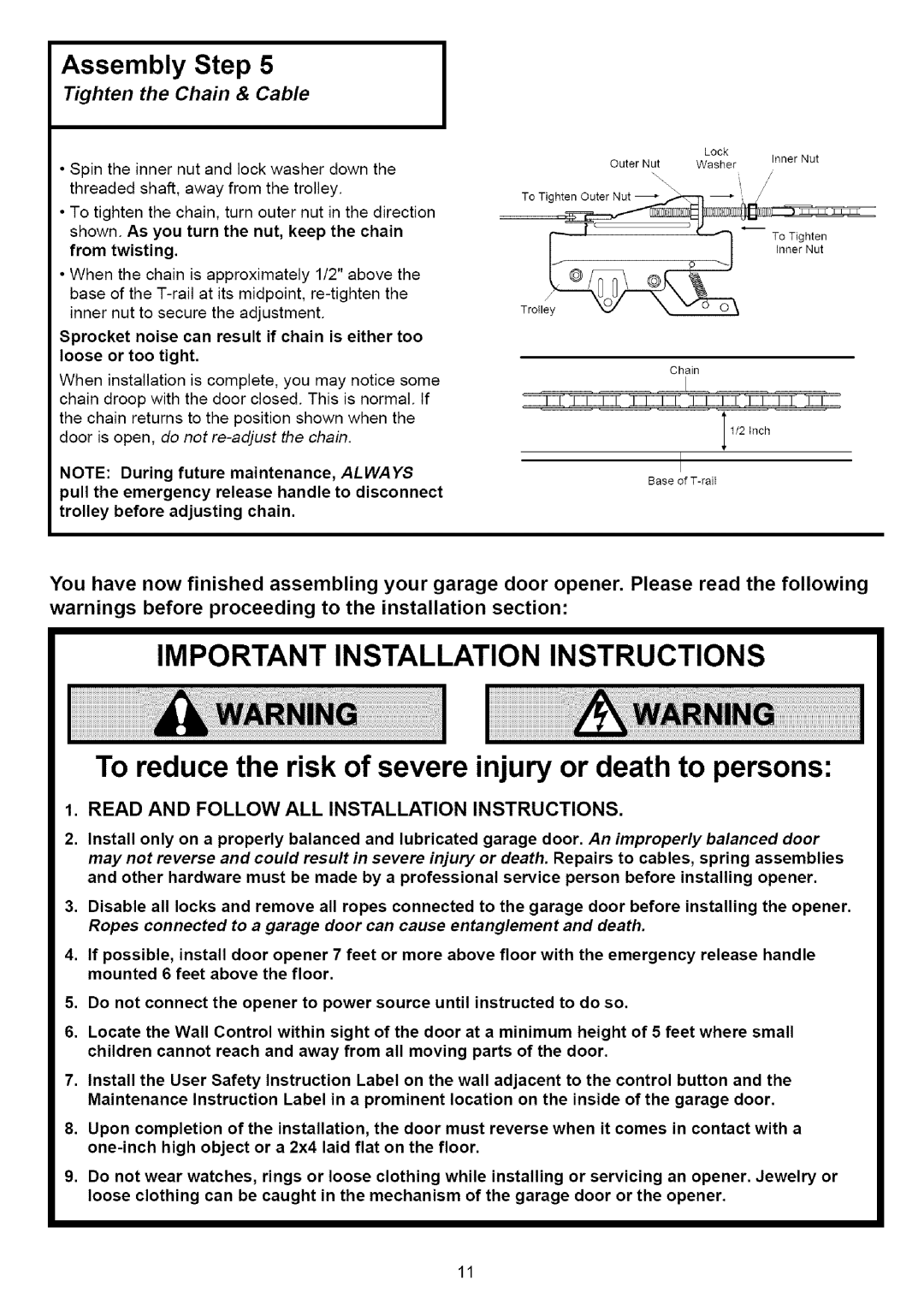 Sears 139.53641SRT, 139.53636SRT, 139.53525SRT, 139.53640SRT Important Installation Instructions, Tighten the Chain & Cable 