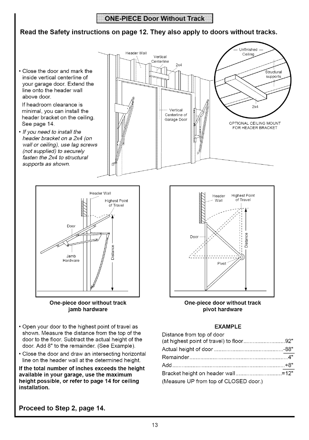 Sears 139.53640SRT, 139.53636SRT One-piecedoor without track jamb hardware, One-piecedoor without track Pivot hardware 