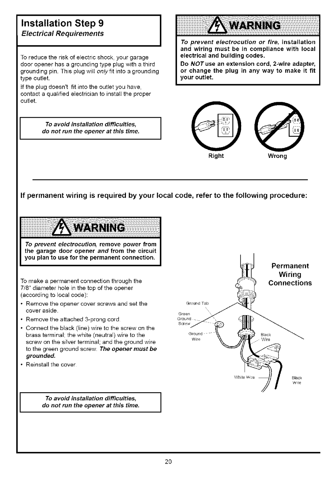 Sears 139.53636SRT, 139.53641SRT, 139.53525SRT, 139.53640SRT Electrical Requirements, Wiring, Connections, Permanent 