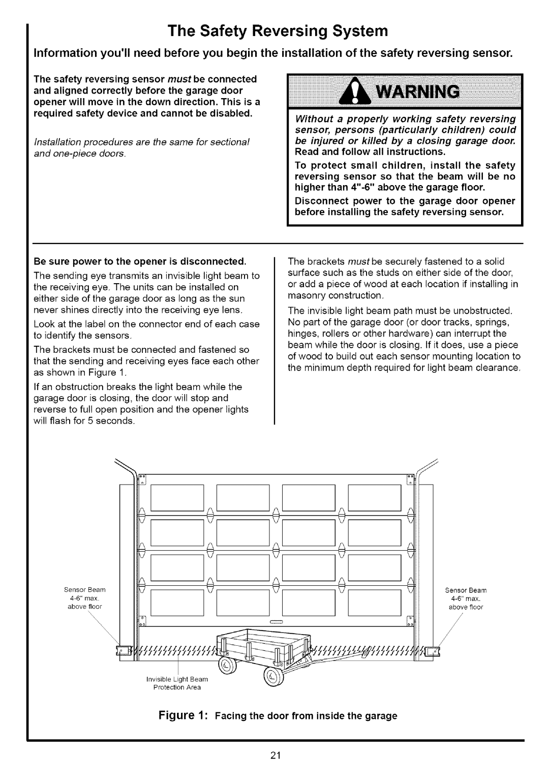 Sears 139.53641SRT, 139.53636SRT, 139.53525SRT, 139.53640SRT Safety Reversing System, Facing the door from inside the garage 
