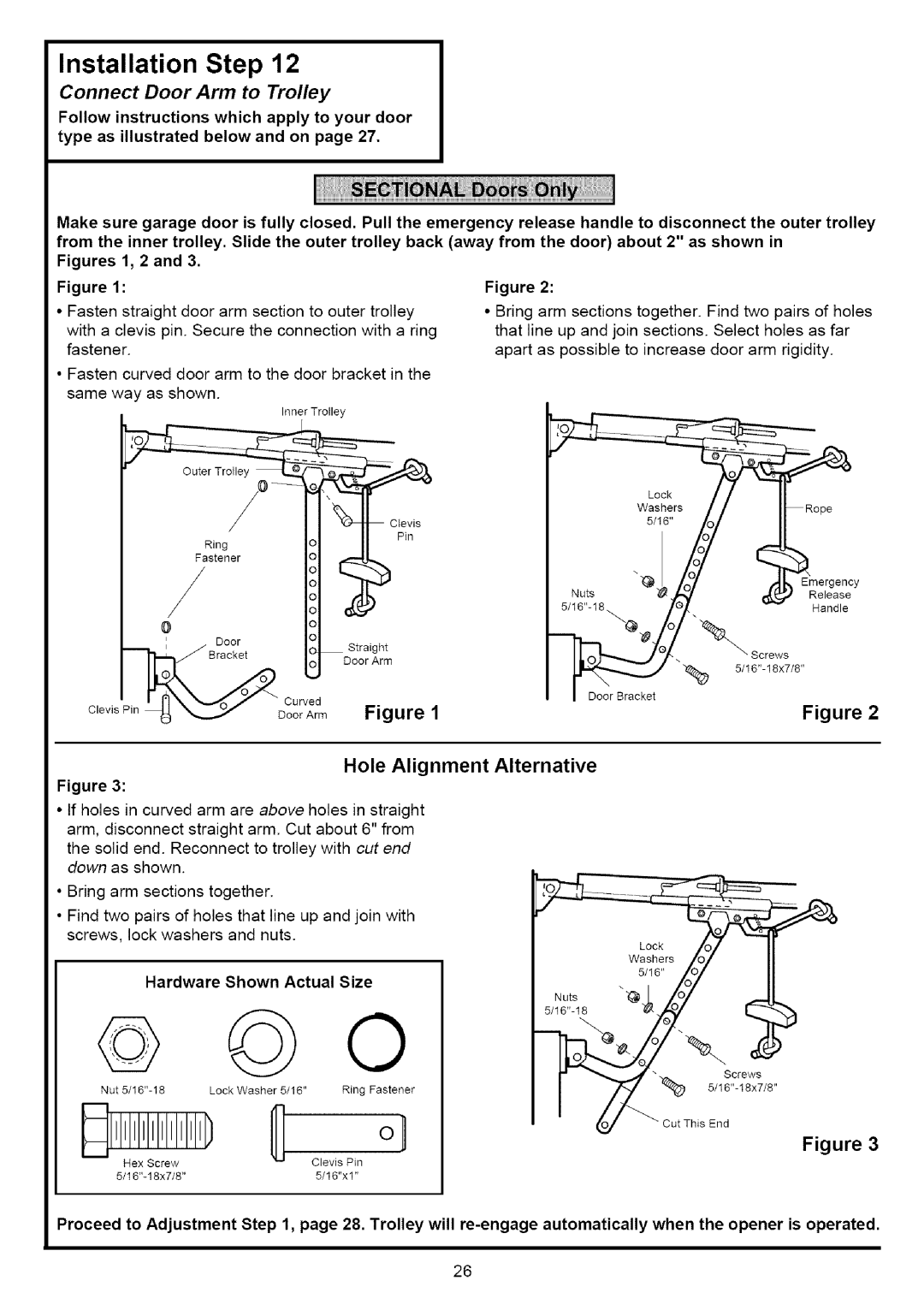 Sears 139.53641SRT, 139.53636SRT, 139.53525SRT, 139.53640SRT Connect Door Arm to Trolley, Hole Alignment Alternative 