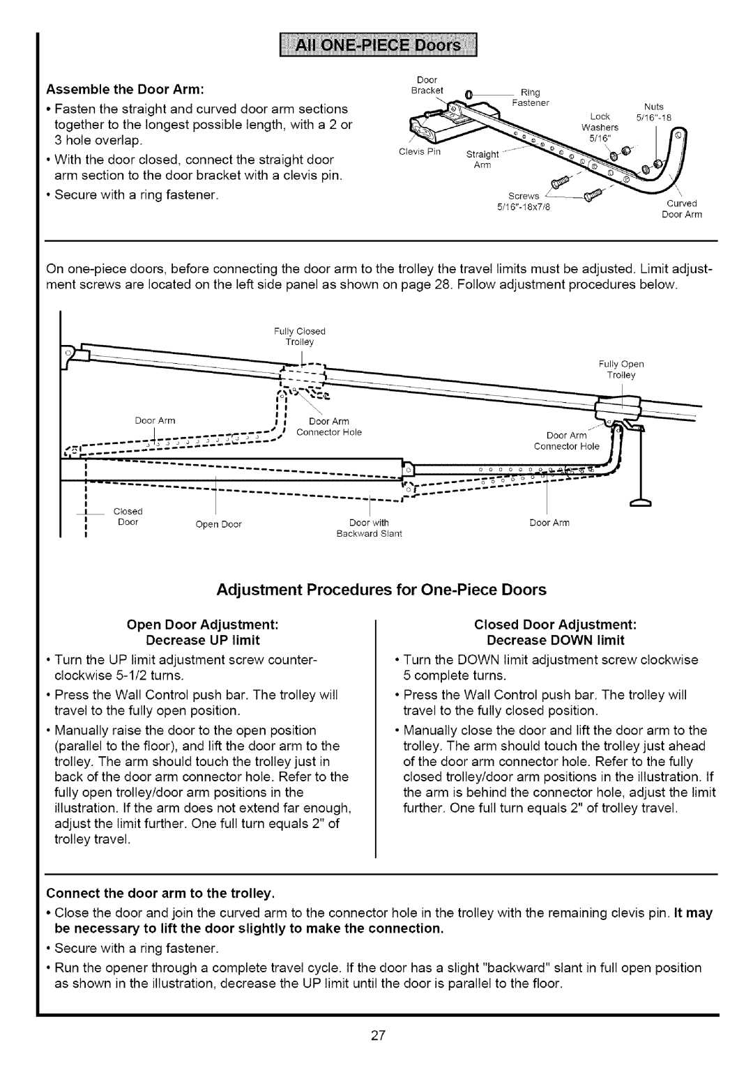 Sears 139.53525SRT, 139.53636SRT Adjustment Procedures for One-Piece Doors, Assemble the Door Arm, Decrease UP limit 