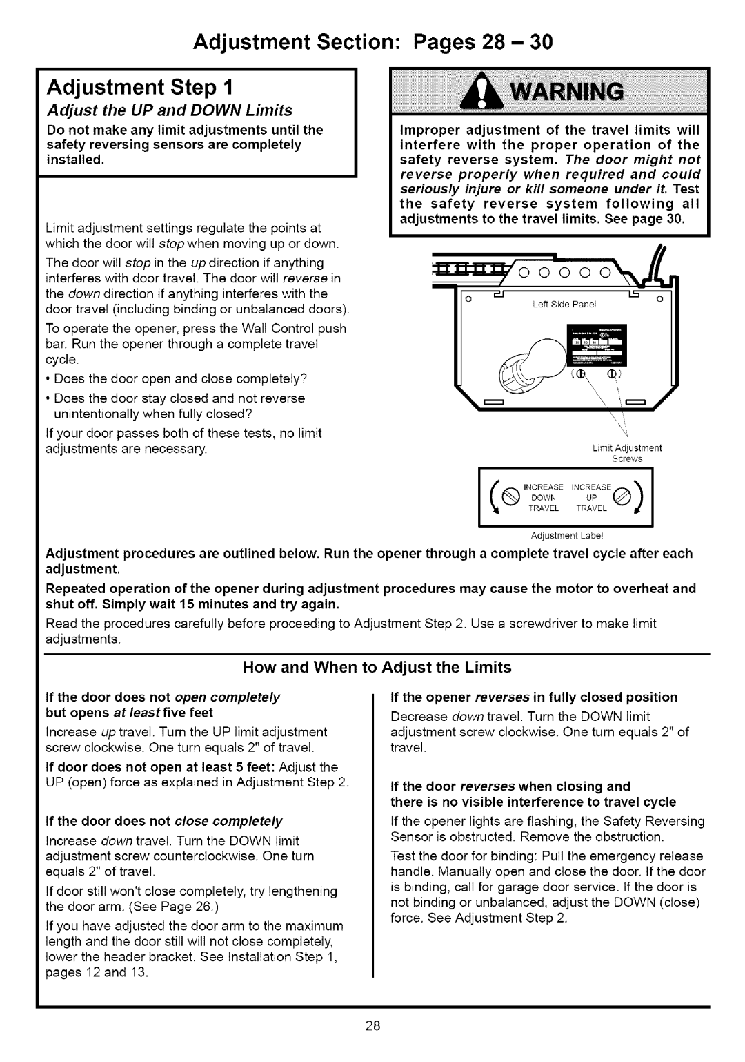 Sears 139.53640SRT, 139.53636SRT Adjustment Section Pages 28 Adjustment Step, Adjust the UP and Down Limits, How and When 