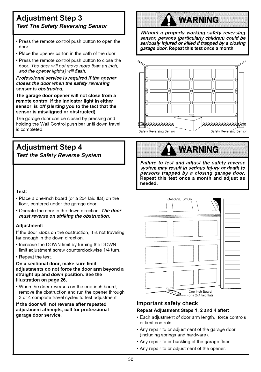 Sears 139.53636SRT, 139.53641SRT Test The Safety Reversing Sensor, Test the Safety Reverse System, Important safety check 