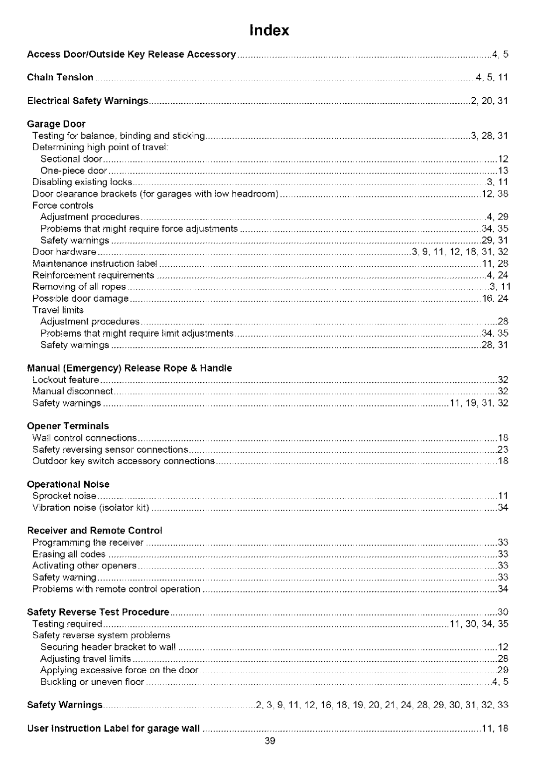 Sears 139.53627SRT, 139.53636SRT, 139.53641SRT, 139.53525SRT, 139.53640SRT owner manual Index 