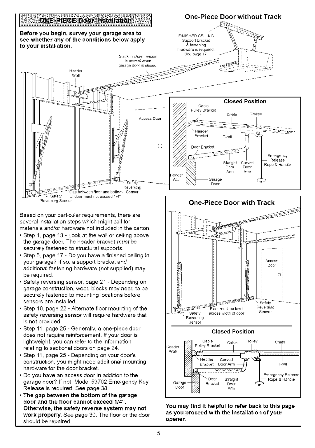 Sears 139.53636SRT One-Piece Door without Track, One-Piece Door with Track, Before you begin, survey your garage area to 