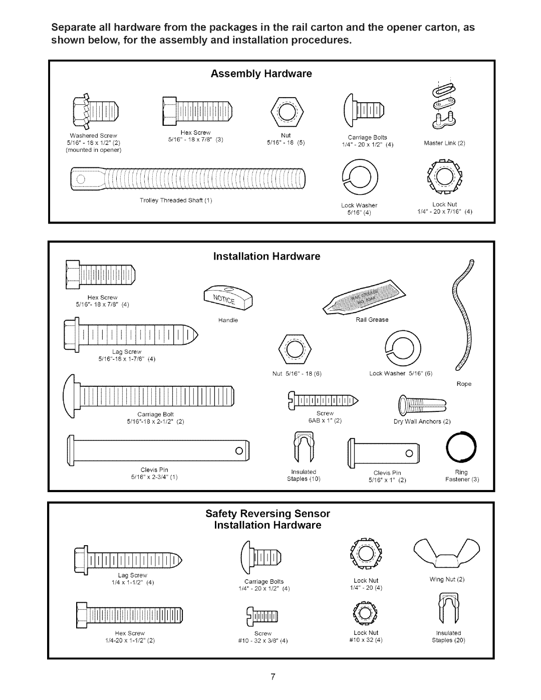 Sears 139.53525SRT, 139.53636SRT, 139.53641SRT, 139.53640SRT Assembly Hardware, Installation Hardware, Safety Reversing 