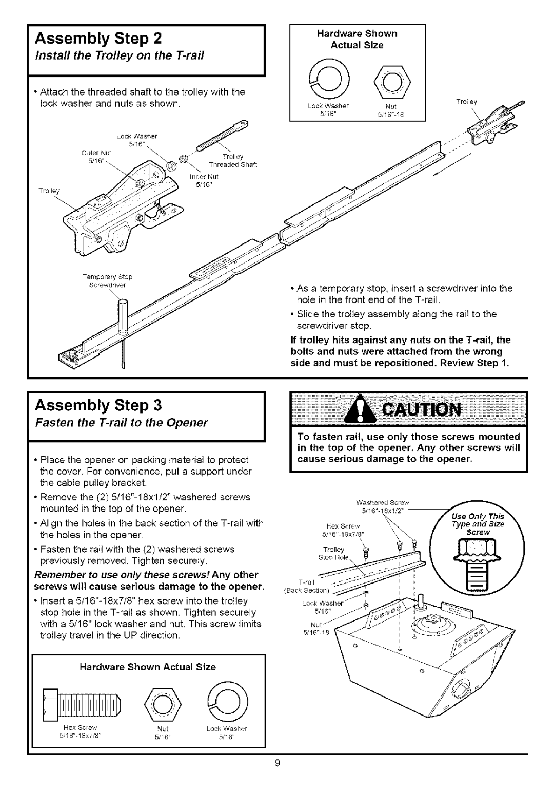Sears 139.53627SRT, 139.53636SRT Assembly Step, Install the Trolley on the T-rail, Fasten the T-rail to the Opener 