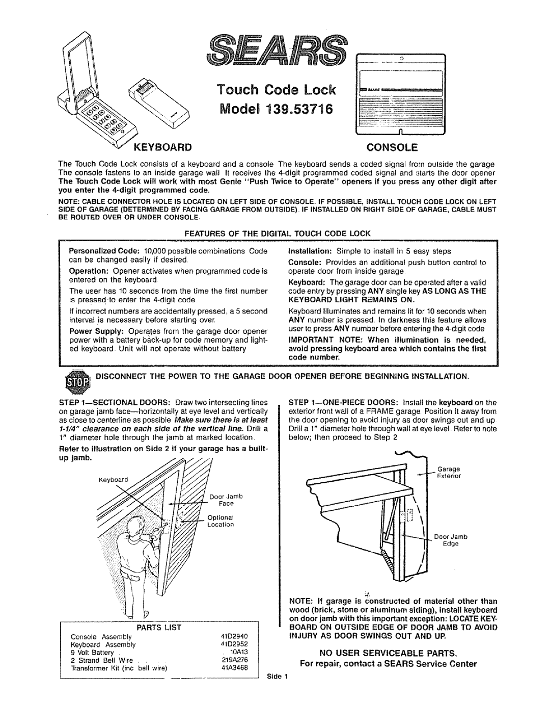 Sears 139.53716 user service NIodel, Keyboard Console, Features of the Digital Touch Code Lock, Up jamb 