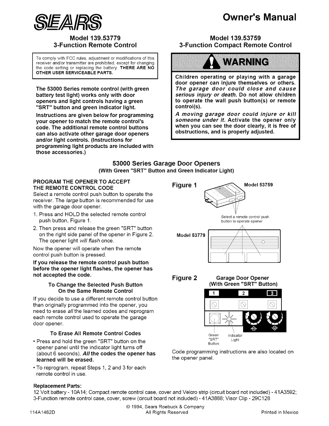 Sears 53000 owner manual Model Function Remote Control, Model Function Compact Remote Control, Series Garage Door Openers 