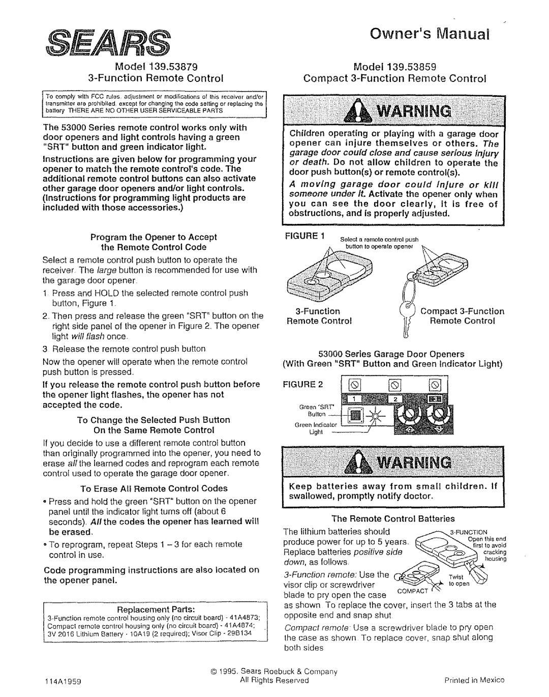 Sears 139.53859 owner manual Own,as,oliows, Model Function Remote Control, Model Compact 3-Function Remote Control, Side 