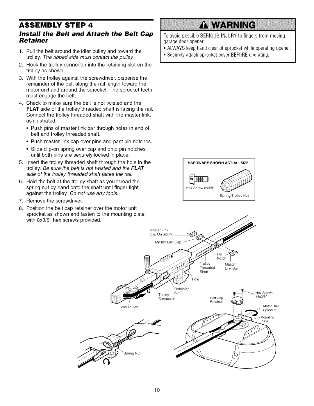 Sears 139.53915D owner manual Install the Belt and Attach the Belt Cap Retainer 