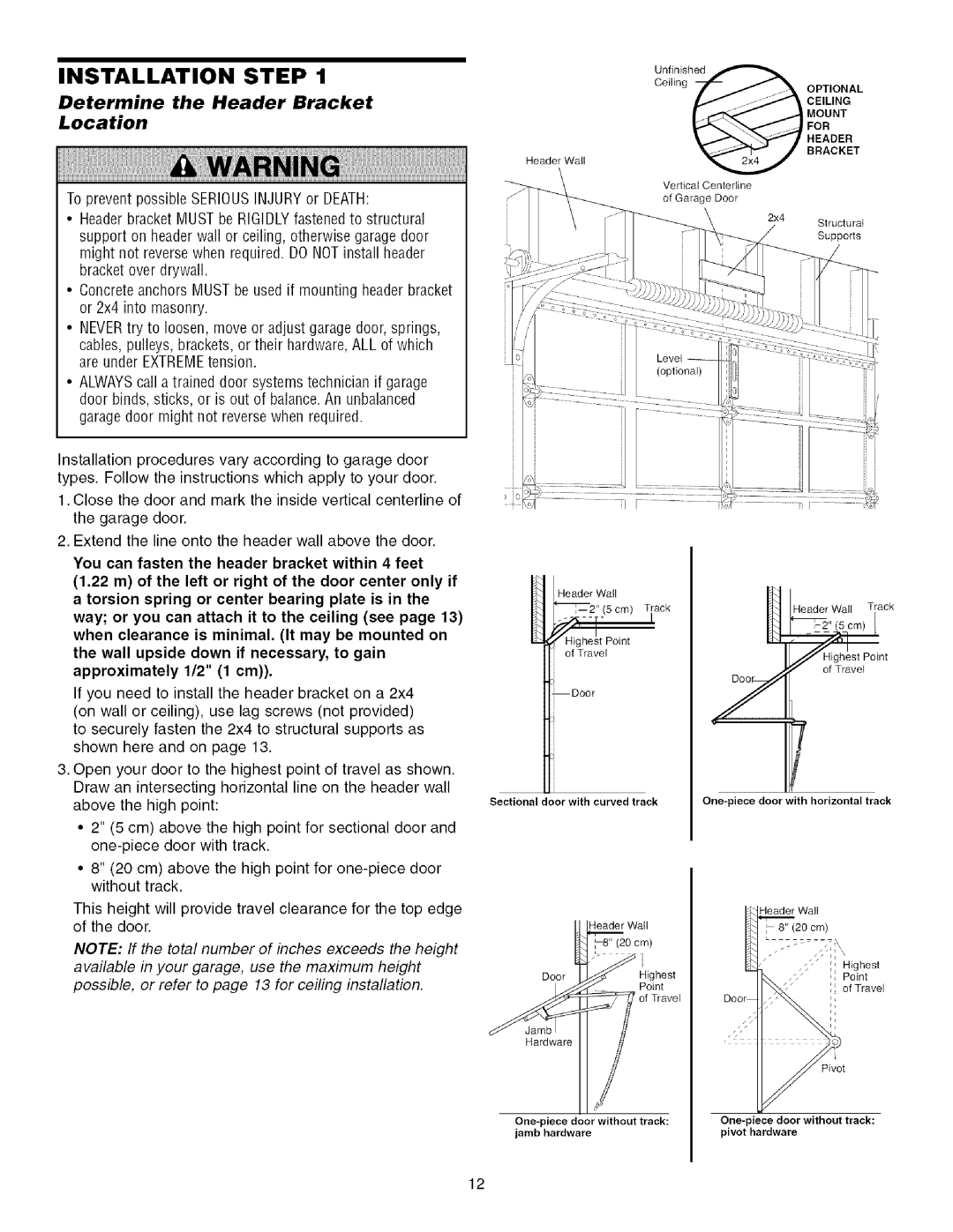 Sears 139.53915D owner manual Installation Step, Determine the Header Bracket Location 