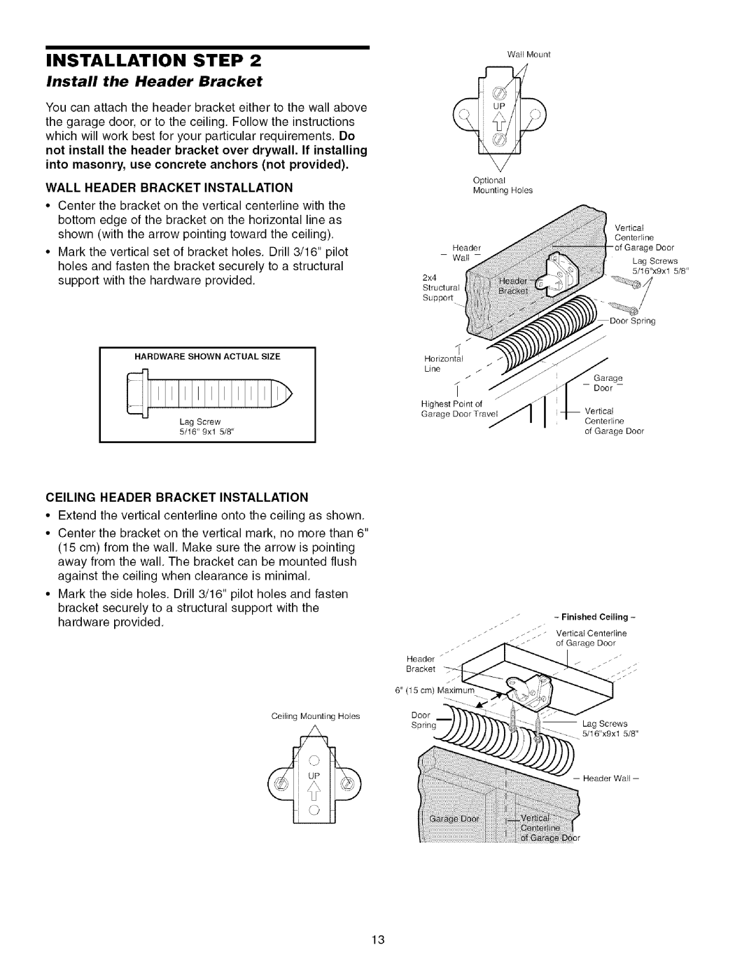 Sears 139.53915D Install the Header Bracket, Wall Header Bracket Installation, Ceiling Header Bracket Installation 