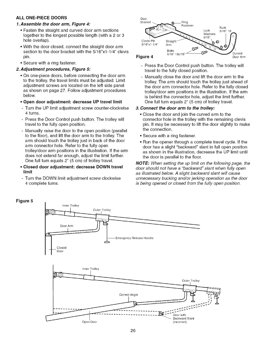 Sears 139.53915D owner manual ALL ONE-PIECE Doors, Assemble the door arm, Figure, Adjustment procedures, Figure 