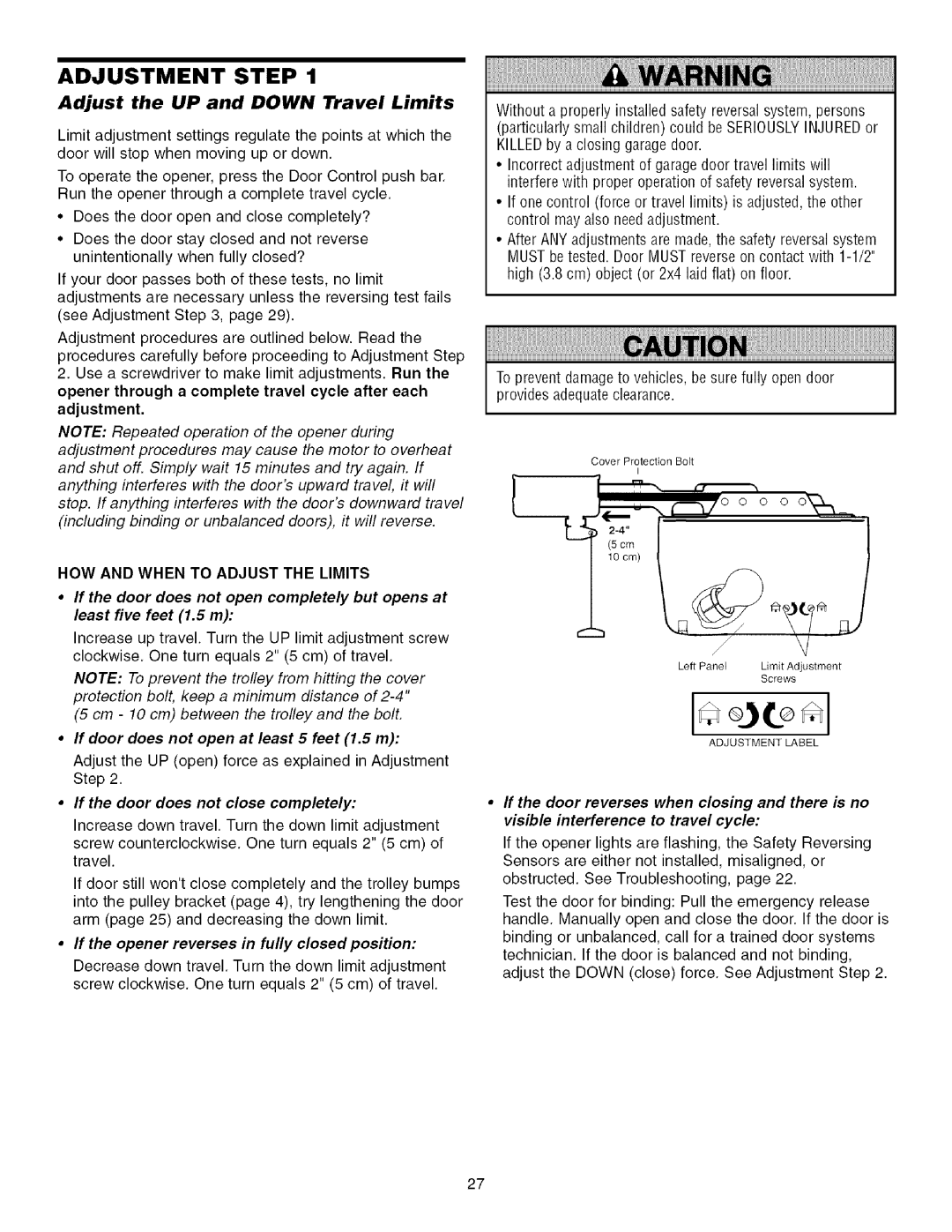 Sears 139.53915D Adjustment Step, Adjust the UP and Down Travel Limits, If door does not open at least 5 feet 1.5 m 