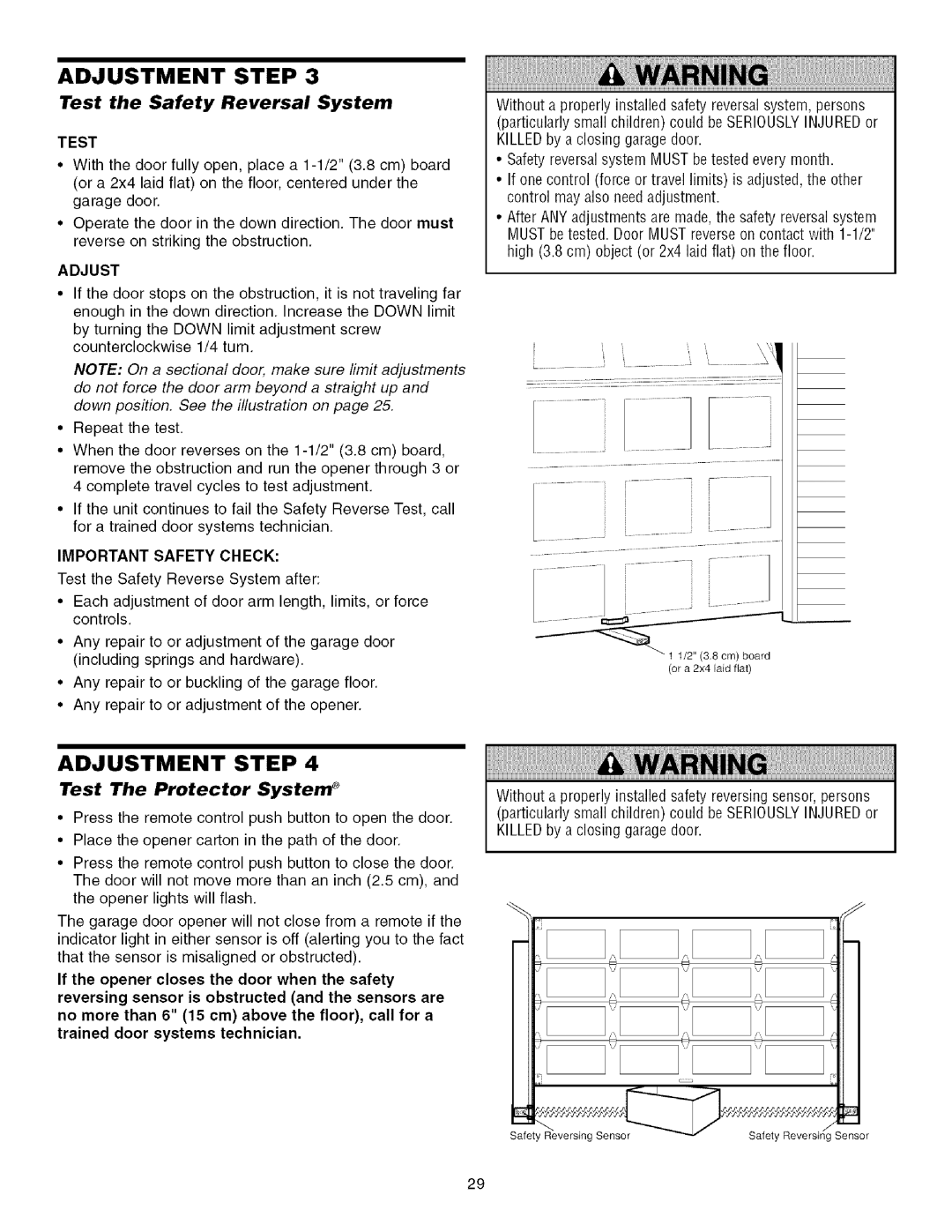 Sears 139.53915D owner manual Test the Safety Reversal System, Test The Protector System, Adjust, Important Safety Check 