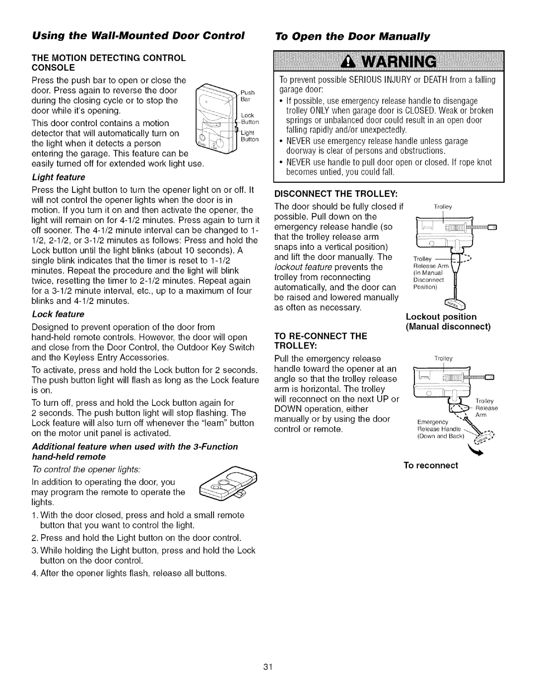 Sears 139.53915D Using the Wall.Mounted Door Control, To Open the Door Manually, Motion Detecting Control, Feature 