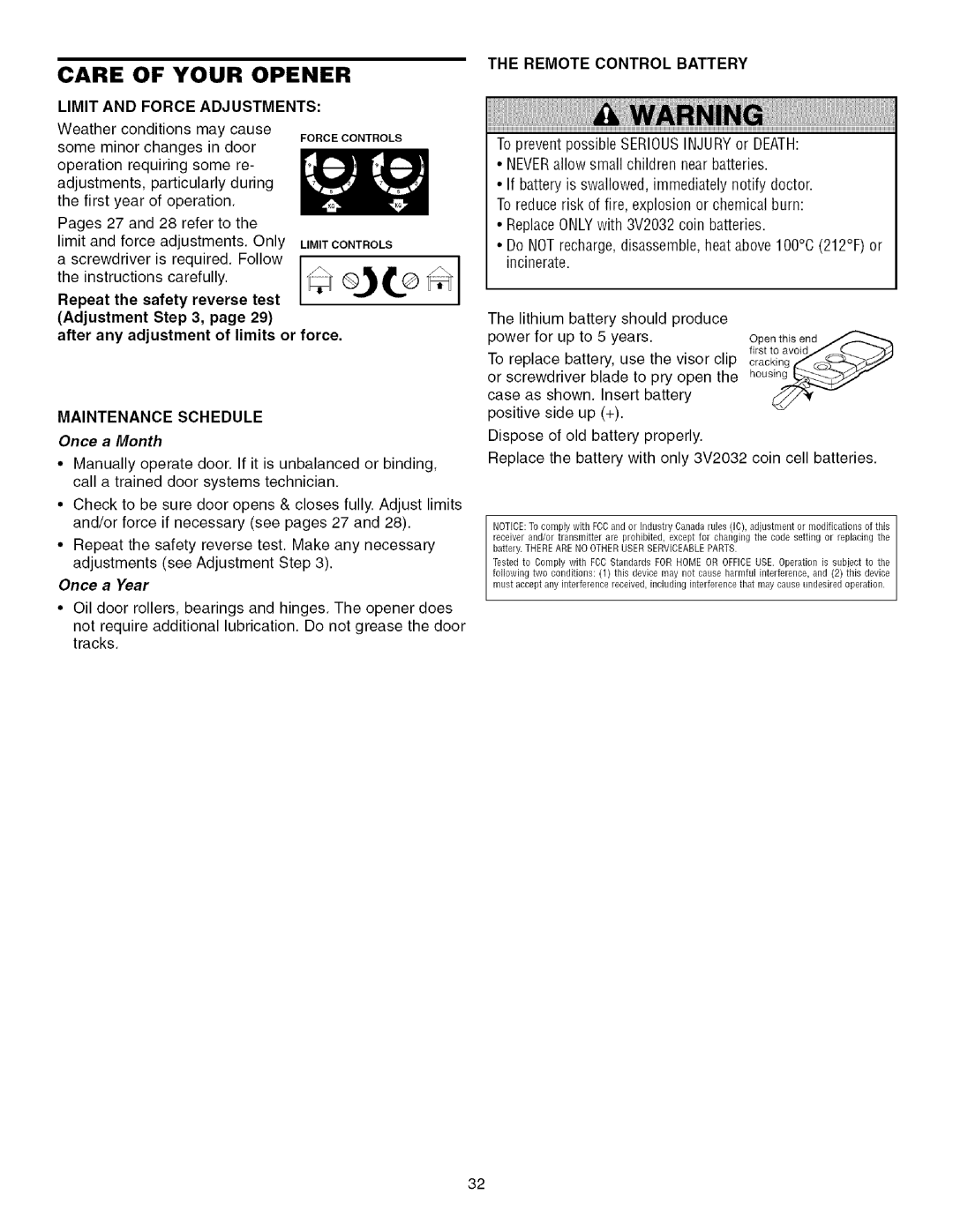 Sears 139.53915D owner manual Care of Your Opener, Limit and Force Adjustments, Maintenance Schedule, Once a Month 