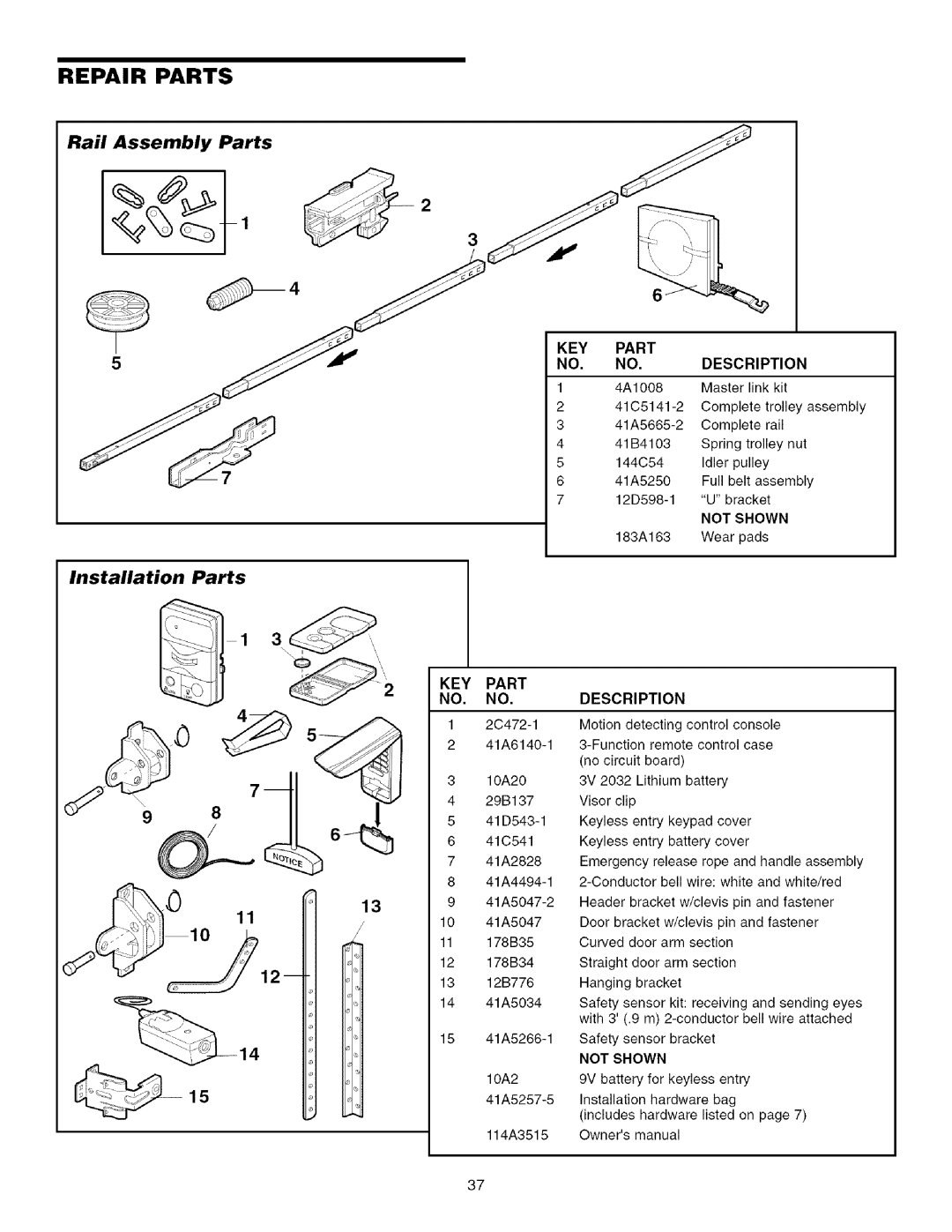 Sears 139.53915D owner manual Repair Parts, Rail Assembly Parts, Installation Parts, KEY Part NO. no 