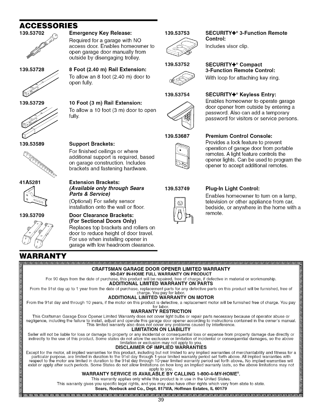 Sears 139.53915D owner manual Accessories, Warranty, Available Only Through Sears, Parts & Service 