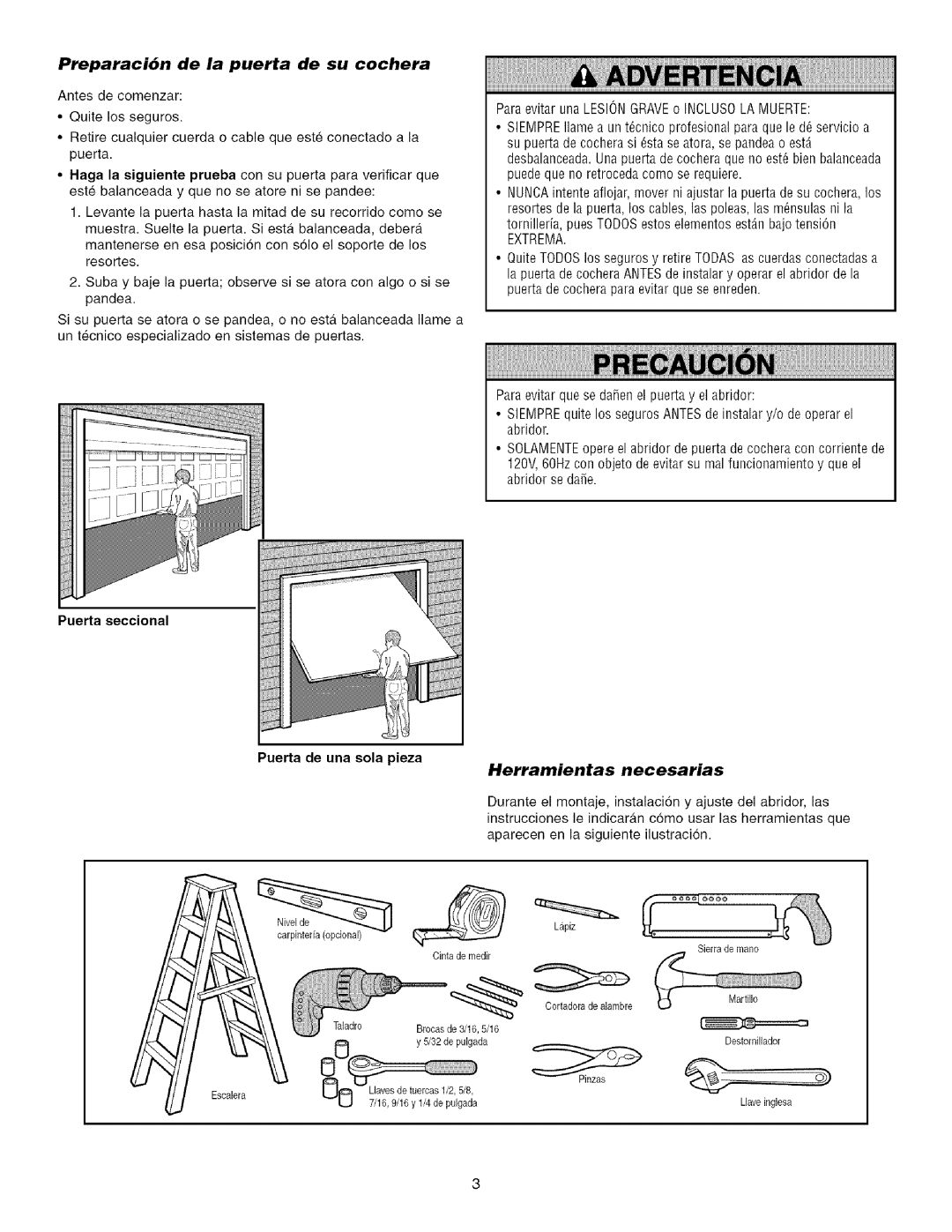 Sears 139.53915D owner manual Preparaci6n de la puerta de su cochera, Herramientas necesarias 