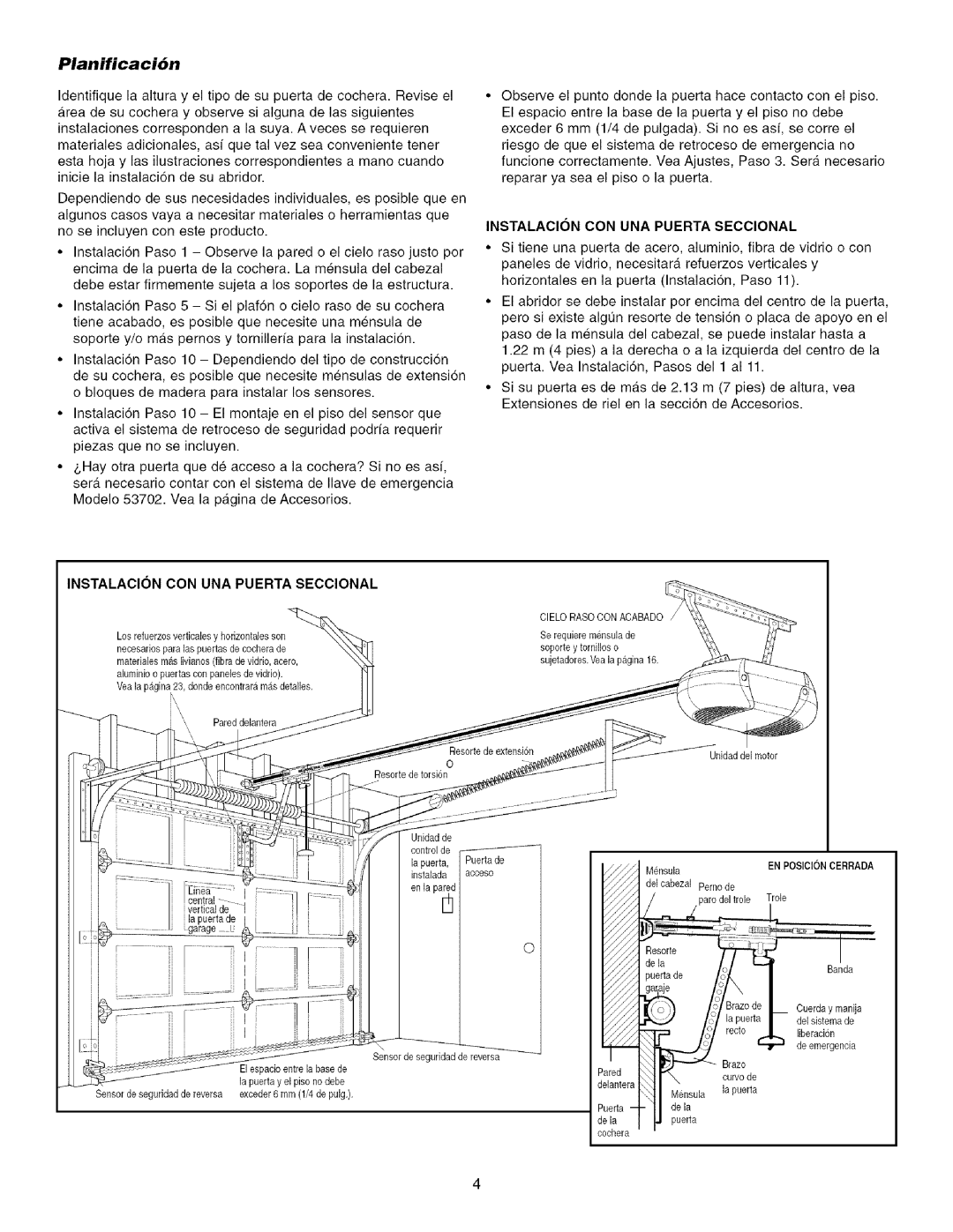 Sears 139.53915D owner manual Planificaci6n, Instalacion CON UNA Puerta Seccional 