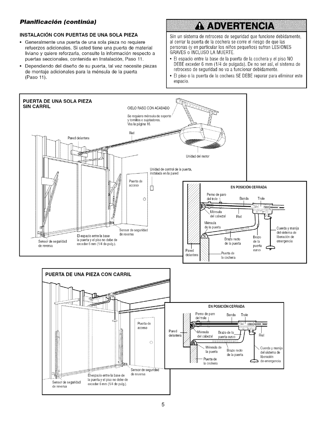 Sears 139.53915D Planificaci6n continba, Instalacion CON Puertas DE UNA Sola Pieza, Puerta DE UNA Sola Pieza SIN Carril 