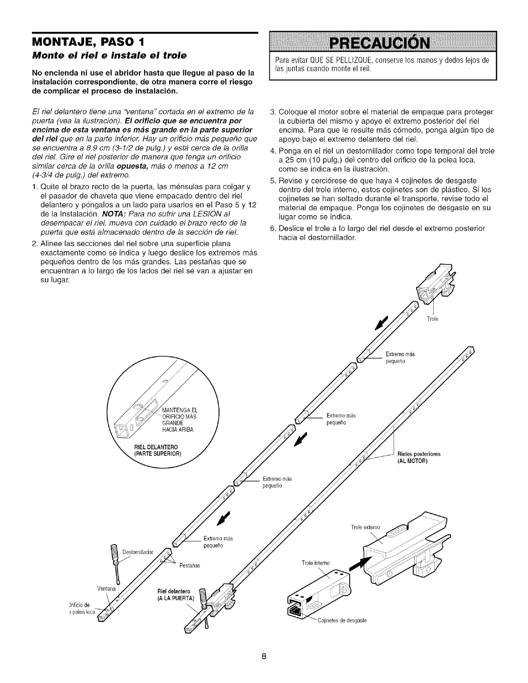 Sears 139.53915D owner manual MONTAJE, Paso, Monte el riel e instale el trole 