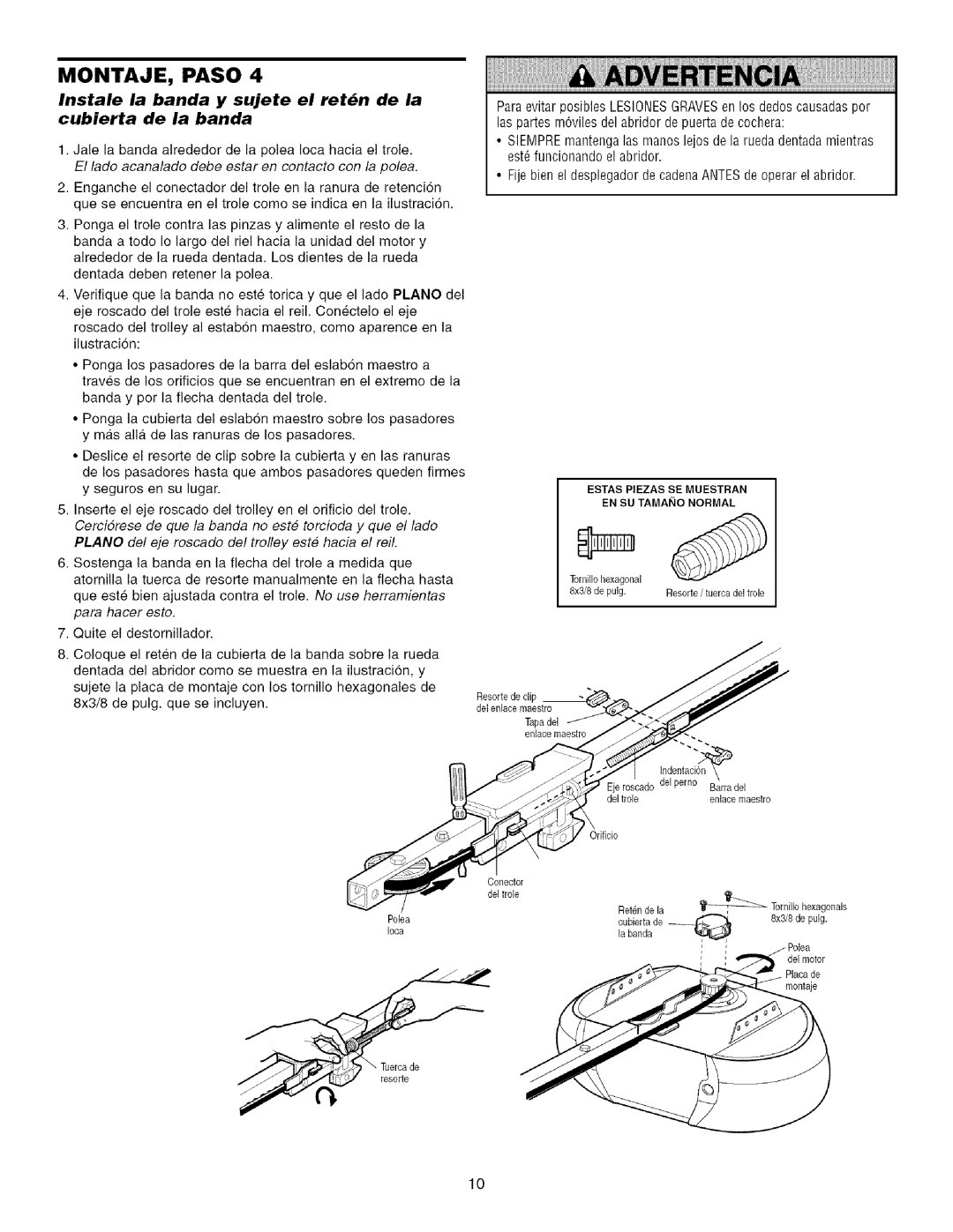 Sears 139.53915D owner manual Instale la banda y sujete el retn de la Cubierta de la banda 