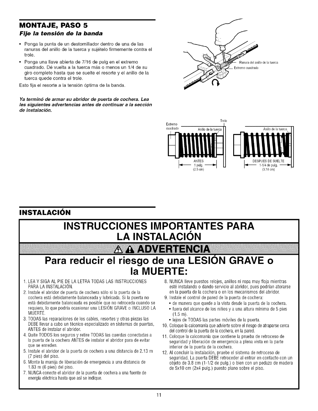 Sears 139.53915D Instalacion, Fije la tensibn de la banda, Ya termino de armar su abridor de puerta de cochera. Lea 