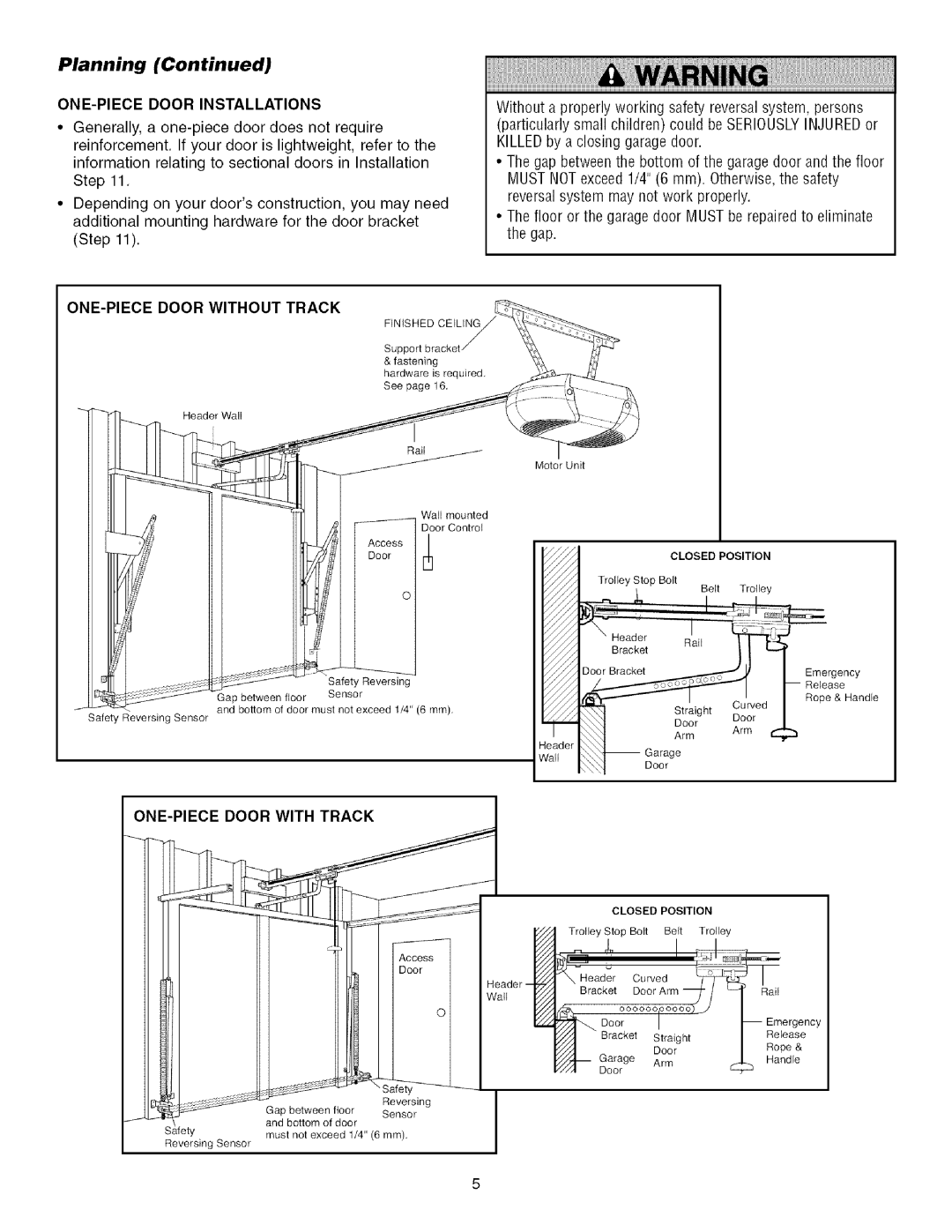 Sears 139.53915D owner manual ONE-PIECE Door Installations, ONE-PIECE Door Without Track, ONE-PIECE Door with Track 