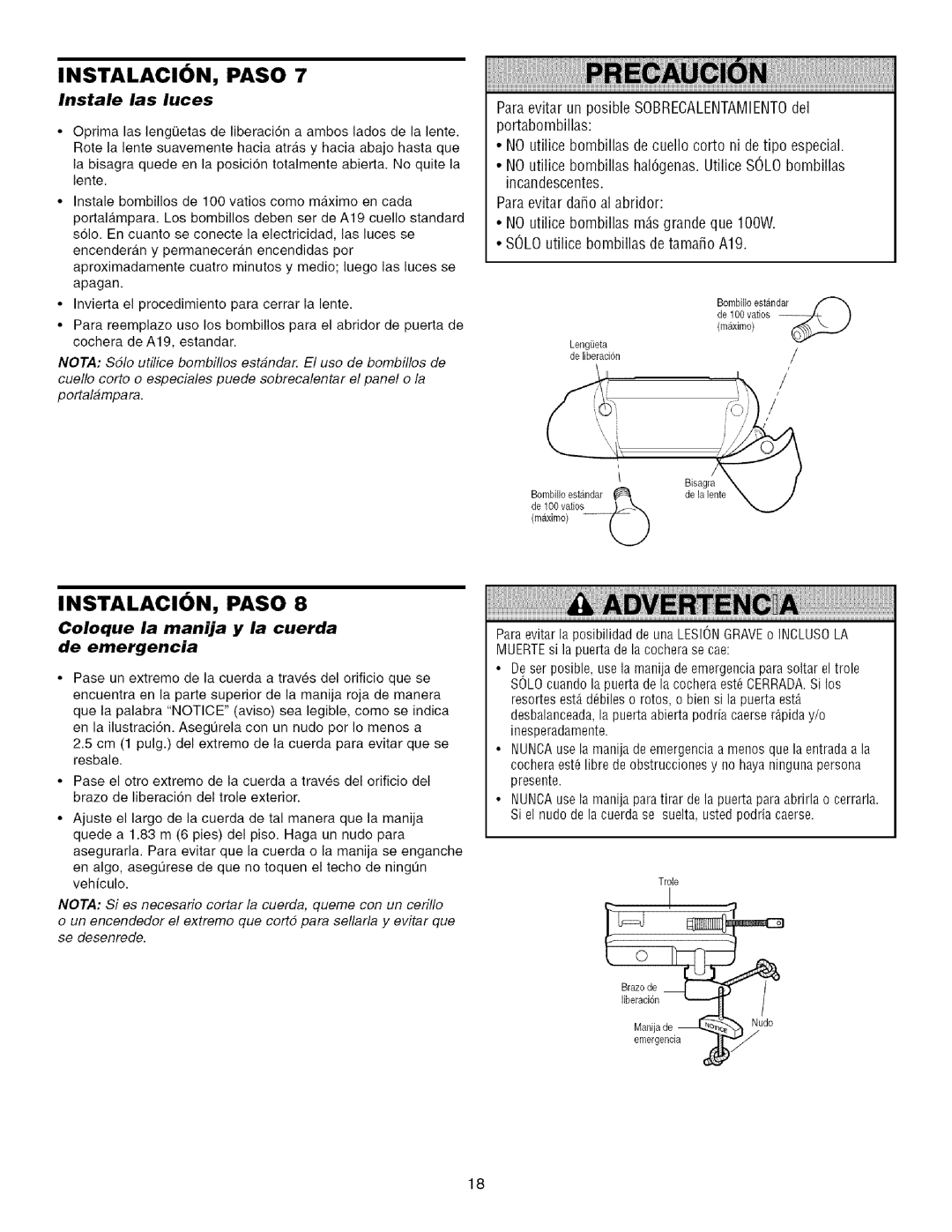 Sears 139.53915D owner manual Instale las luces, Coloque la manija y la cuerda De emergencia 