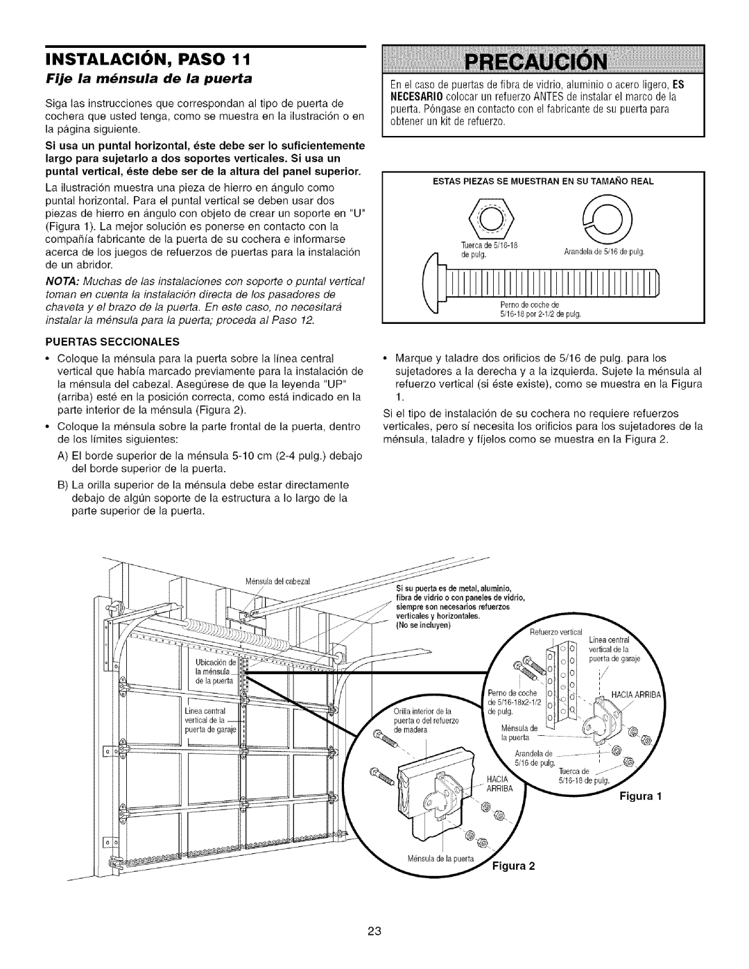 Sears 139.53915D owner manual Fije la mnsula de la puerta, Puertas Seccionales 