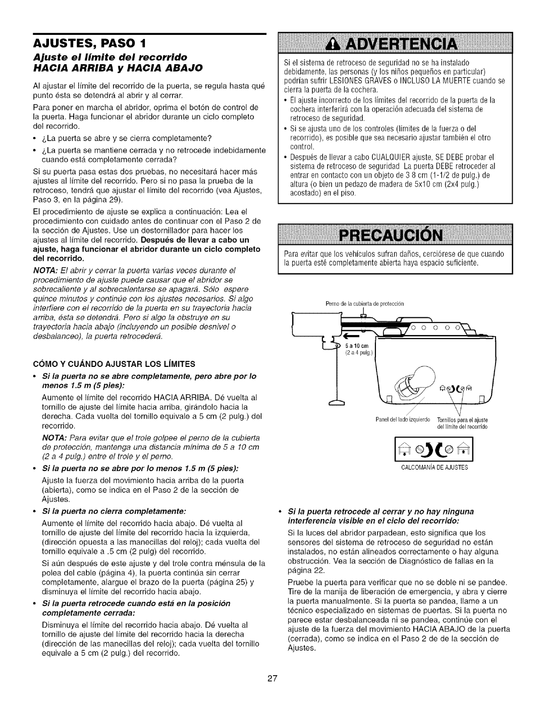 Sears 139.53915D owner manual AJUSTES, Paso, Ajuste el limite del recorrido Hacia Arriba y Hacia Abajo 