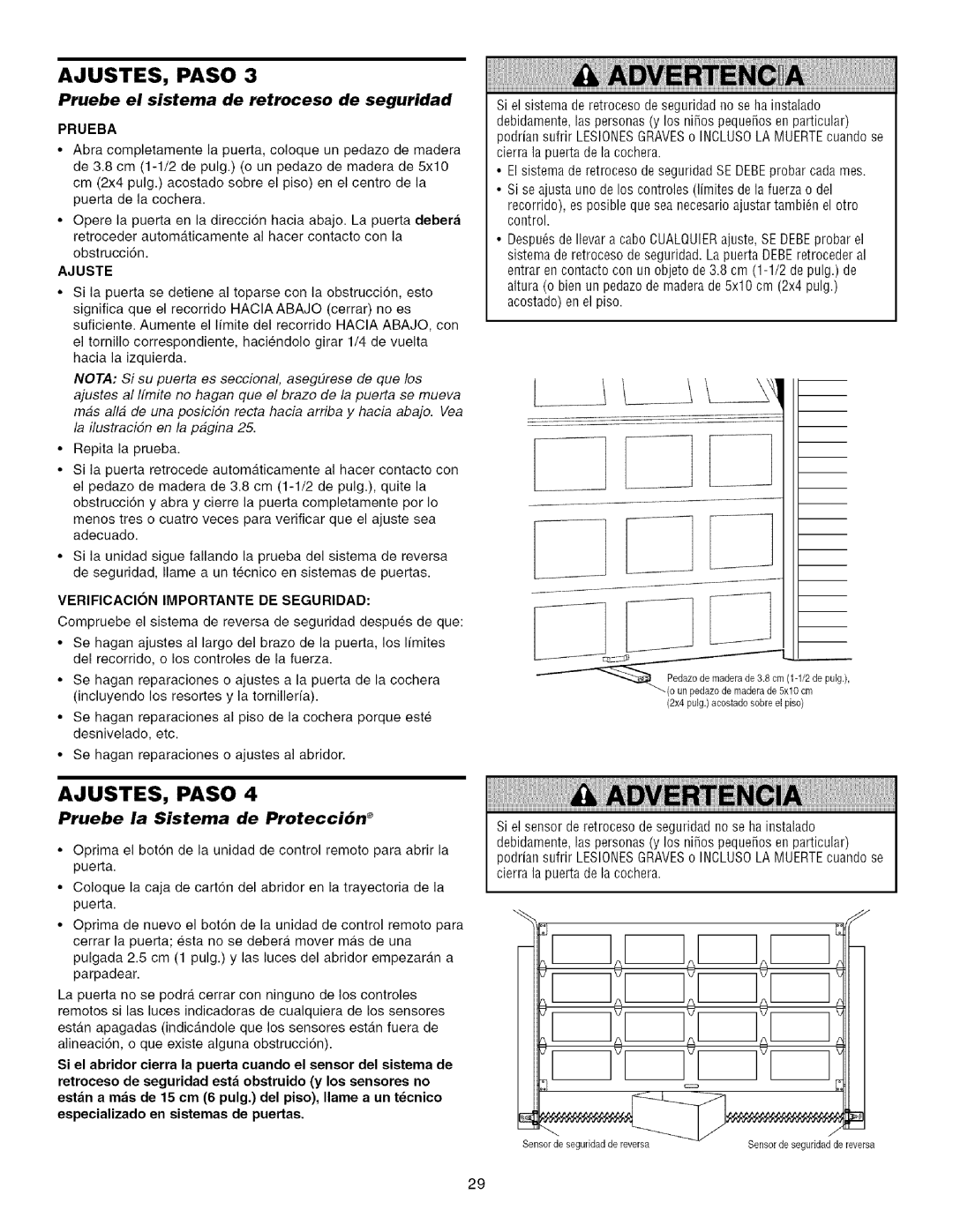 Sears 139.53915D owner manual Pruebe la Sistema de Protecci6n, Pruebe el sistema de retroceso de seguridad, Prueba 