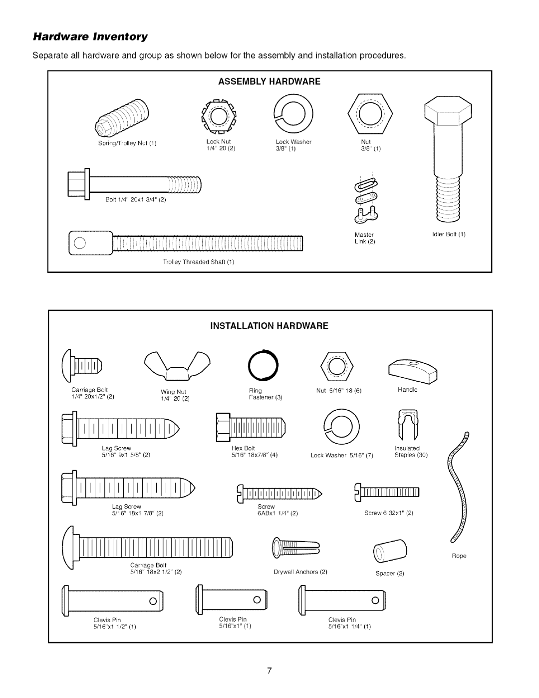 Sears 139.53915D owner manual Hardware Inventory, Assembly Hardware, Installation Hardware 